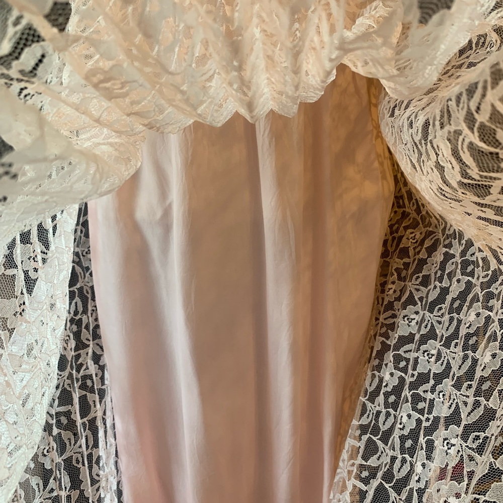 Vintage 70's Beautiful Pale Pink Pleated Lace Dress Ribbon Straps Cottage Core - Picture 4 of 10